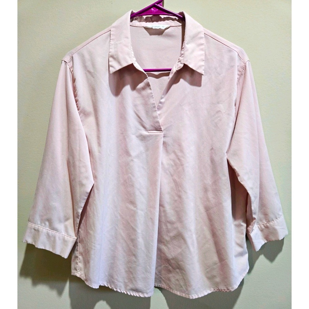 NET Collection Women's L Pink Solid Collared 3/4 Sleeve Pullover Woven Blouse